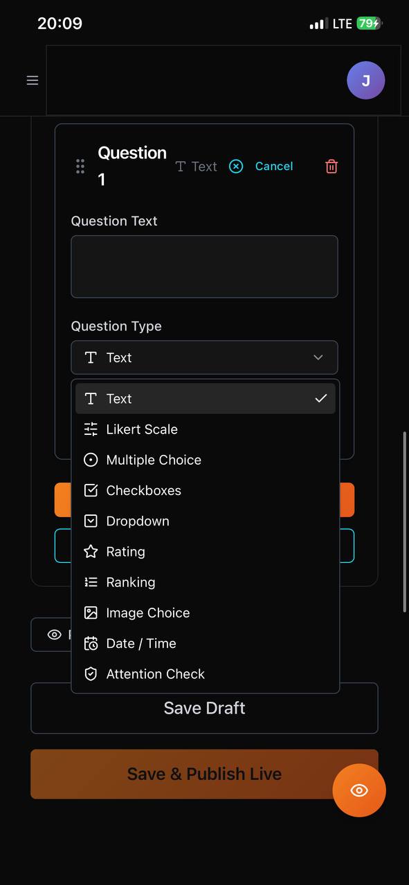 Atlas questionnaire builder with question type picker
