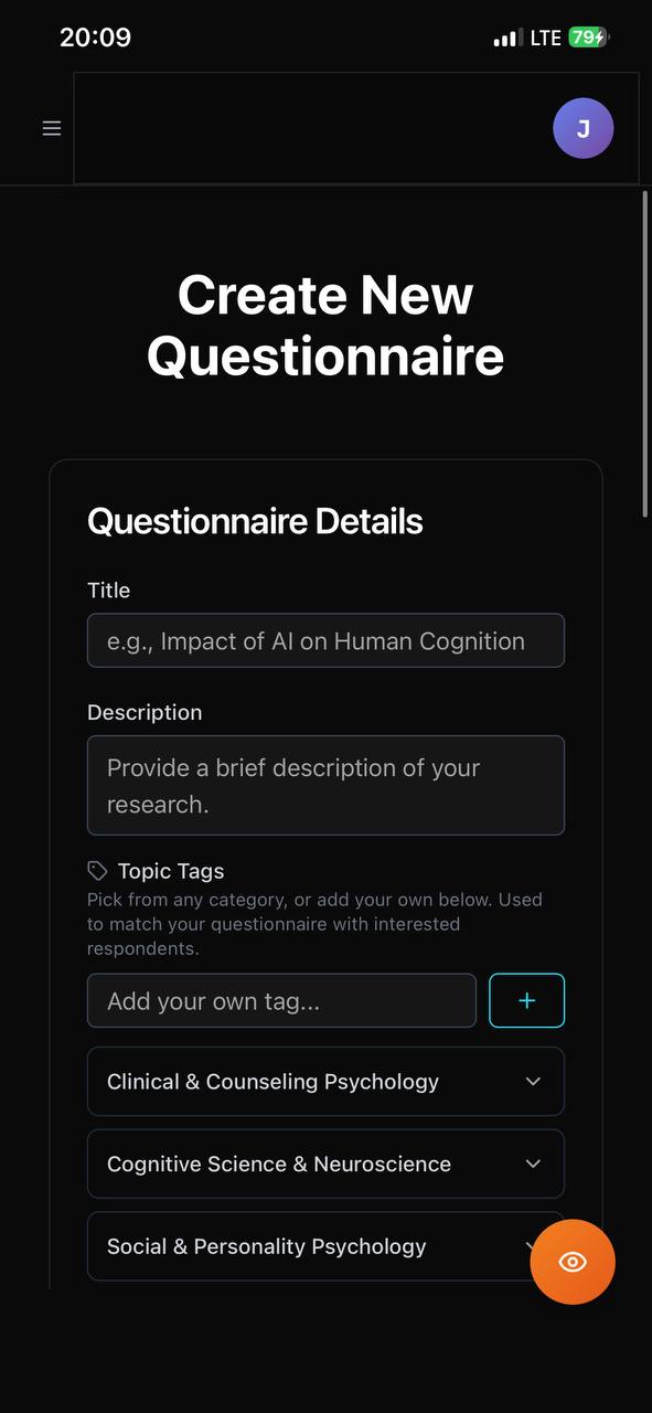 Atlas create new questionnaire screen with topic tags