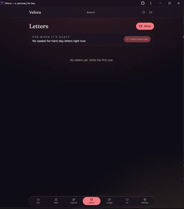 Velora Letters screen: time-locked letters