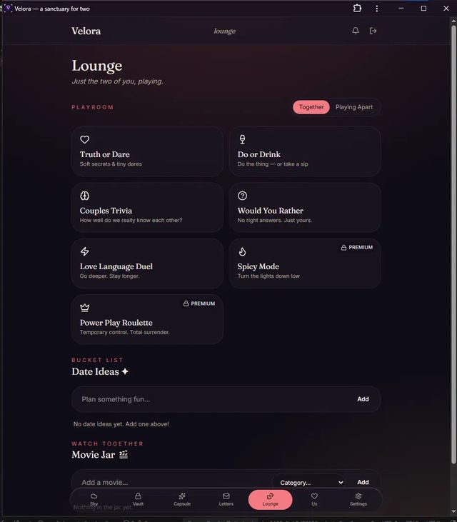 Velora Lounge screen: couple games