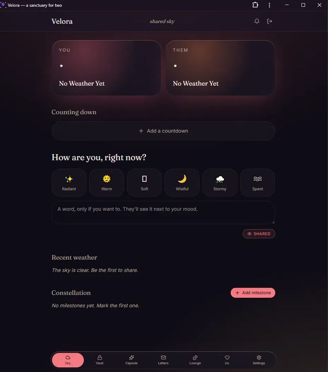 Velora Sky screen: shared mood and weather
