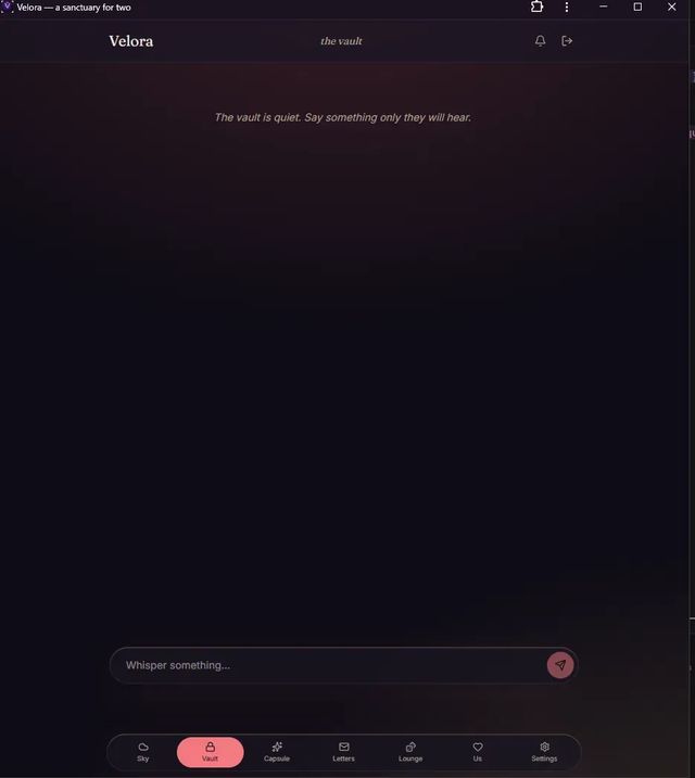 Velora Vault screen: private whispers